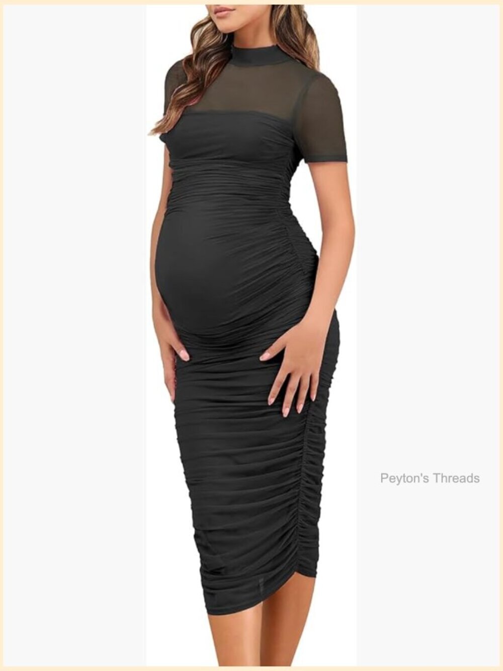 Maternity Mesh Bodycon Dress Mock Neck Short Sleeve Midi with Back Zipper Ruched